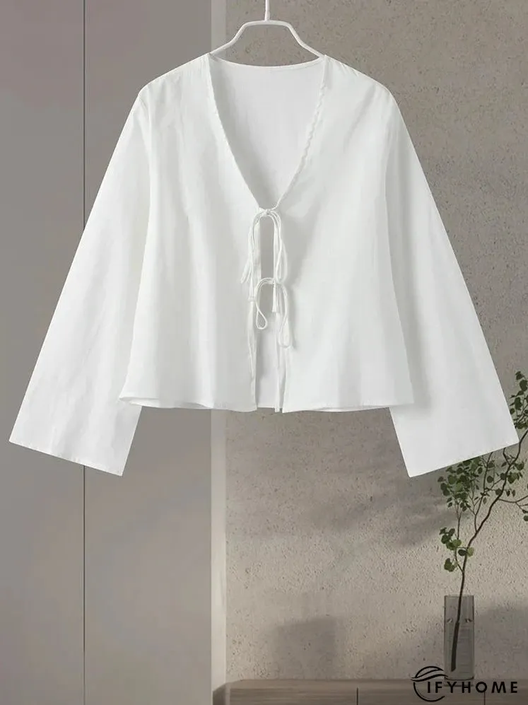 Cotton Line Tops Women Lace Up V-neck Loose Solid Shirts Female 2024 Summer New Long Sleeves Fashion Casual Soft Shirt Lady | IFYHOME
