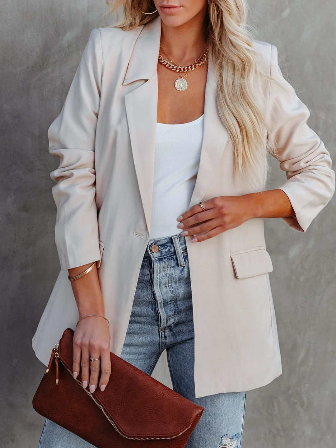 Women Casual Plain Autumn Natural Daily Standard Long sleeve H-Line Regular Size Blazer