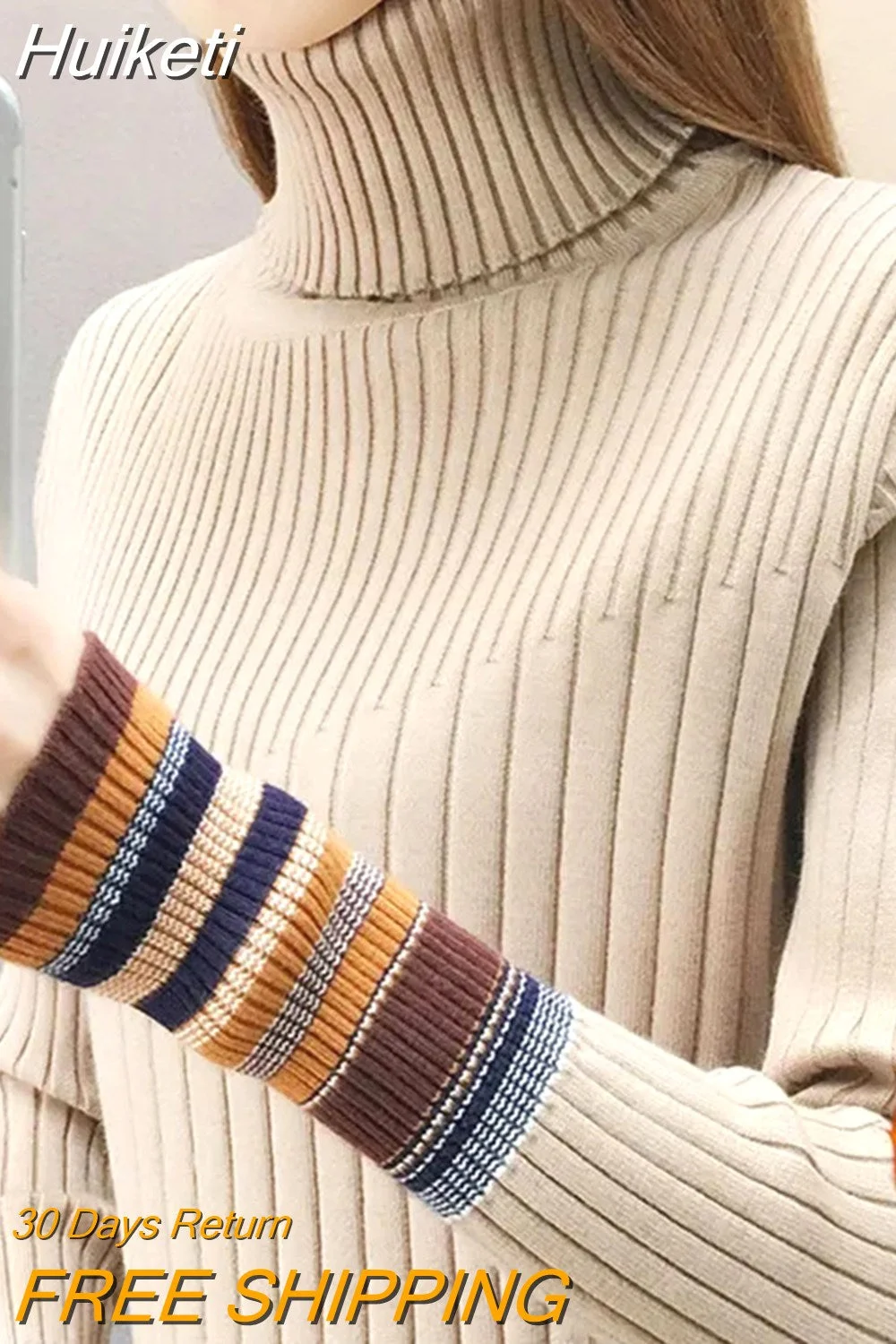 Huiketi Velvet Lined Sweater Women 2023 Winter Turtleneck Patchwork Stripes Knitted Top Korean Fashion Warm Lace Splicing Jumper