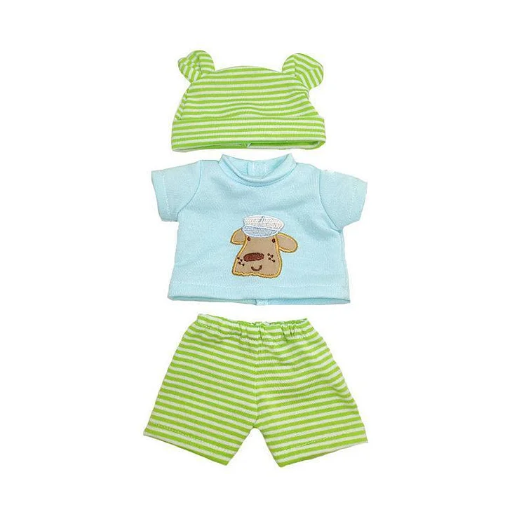 [Suitable for 12'' Mini doll] Dollreborns® Pure Handmade 3 Pcs Striped Unisex Baby Cotton Green Clothes Set