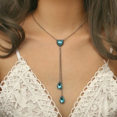 UsmallLifes King Temperament Geometric Blue Crystal Sweater Chain Women Trendy Heart Long Necklace US Mall Lifes