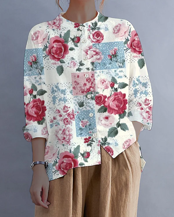 Vintage Bohemian Floral Cotton and Linen Long Sleeve Button-Down Loose Shirt