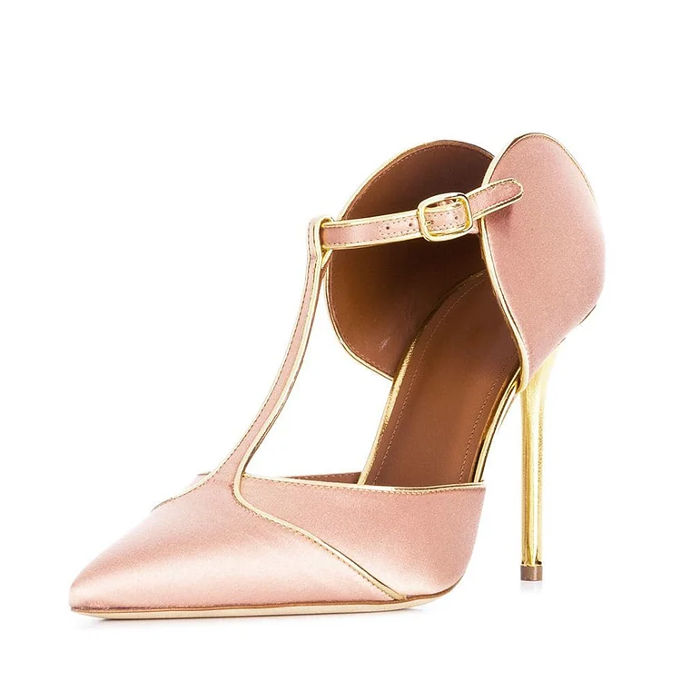 Pink Satin T Strap Heels Pumps |FSJ Shoes