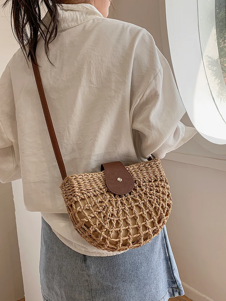 Snap Button Straw Bag