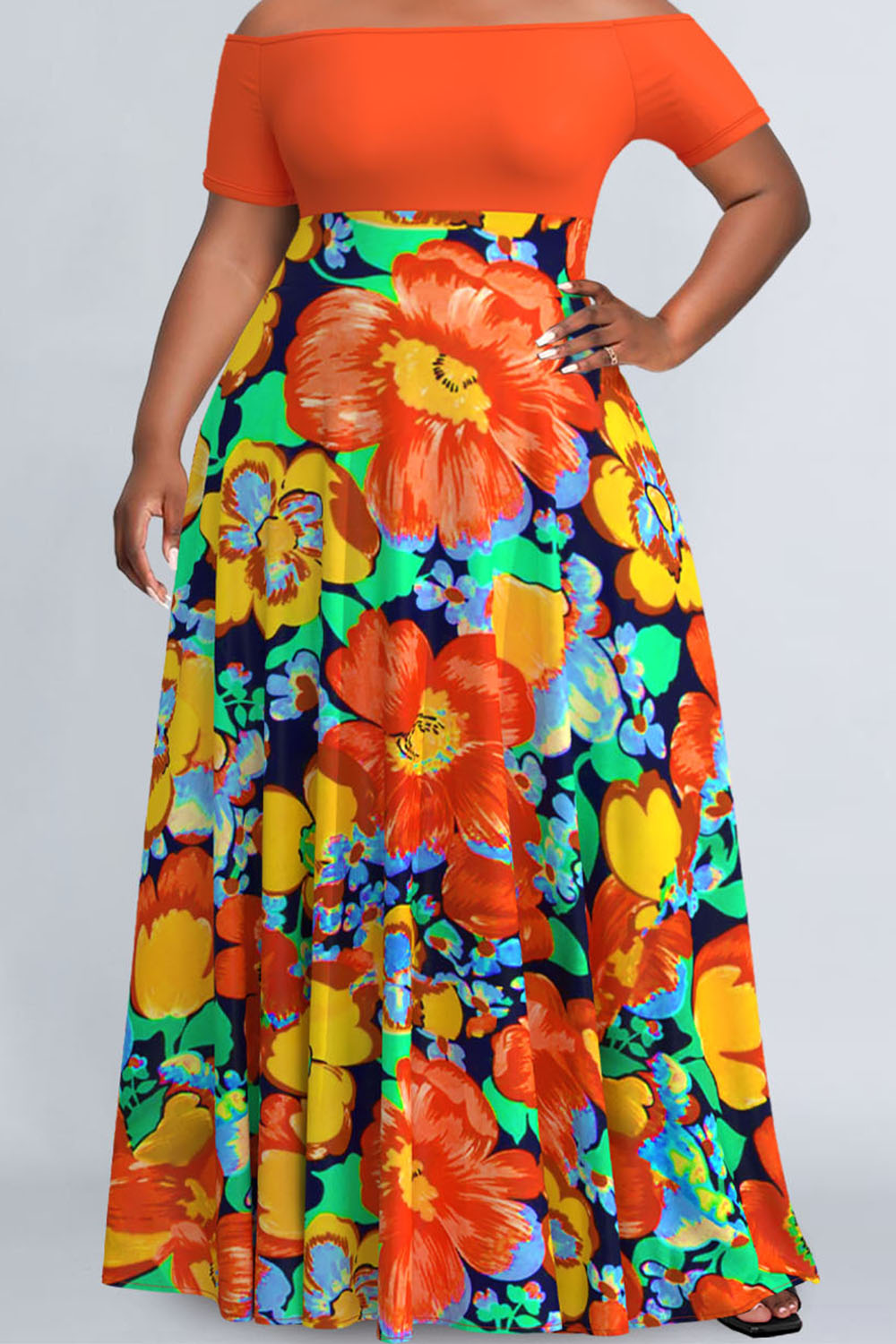 Design Plus Size Orange Vacation Flower Print Patchwork Crew Neck Maxi Dresses [Pre-Order]