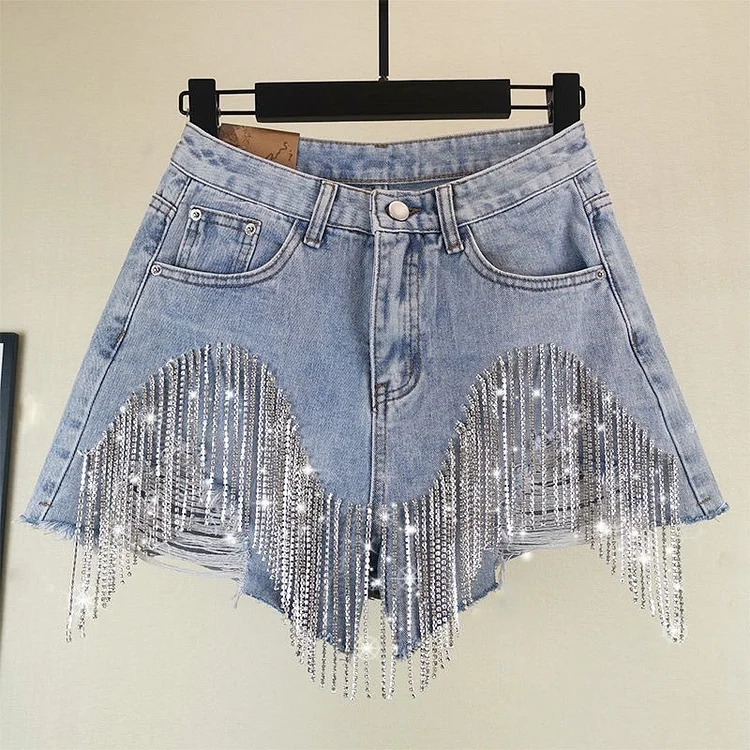 Women's Mid-Rise Distressed Tassel  Denim Shorts