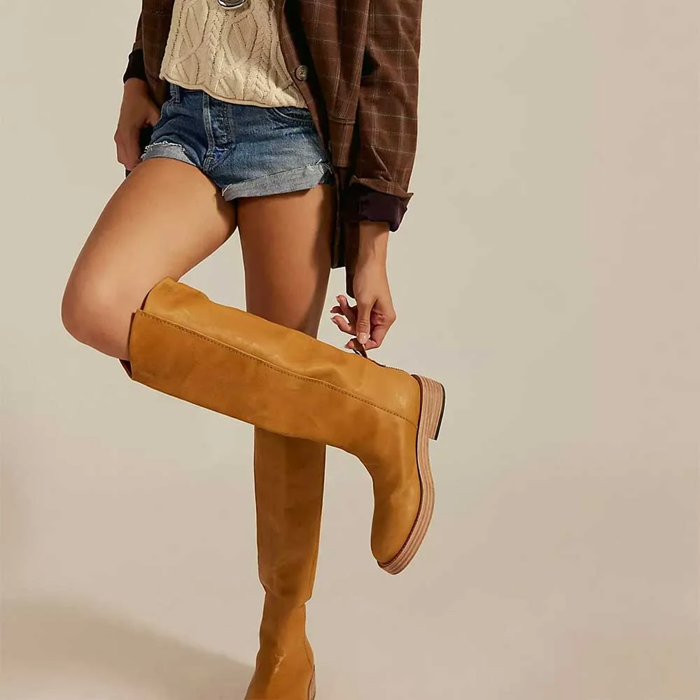 Tan Faux Leather Round Toe Knee High Pull Tab Heel Boots for Women