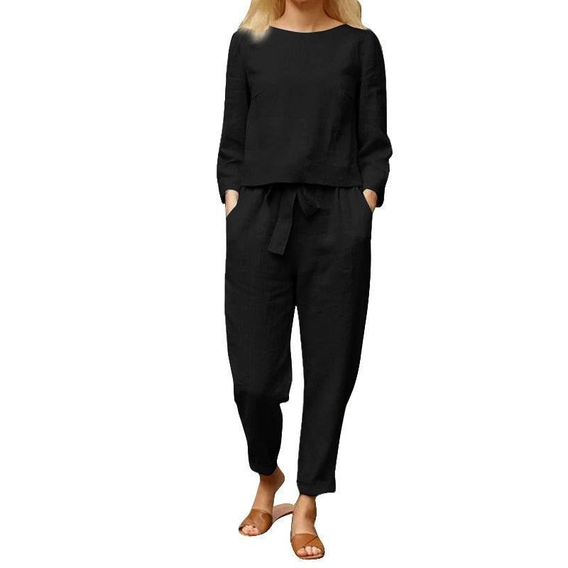 Women Elegant 2PCS Solid Suits ZANZEA Autumn Casual Long Sleeve Blouse Elastic Waist Long Pants Oversized Cotton Matching Sets