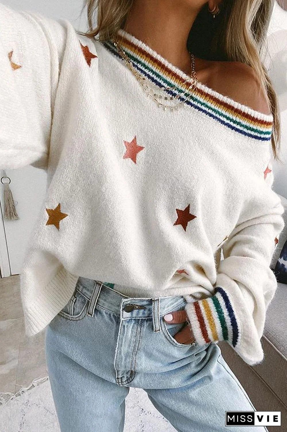 Long Sleeve Star Pattern Sweater P13345