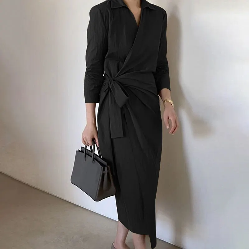 ZANZEA Elegant Women Lapel Neck 3/4 Sleeve Solid Mid-calf Dress Fashion Spring Lace Up Work Party Vestidos  OL Sundress