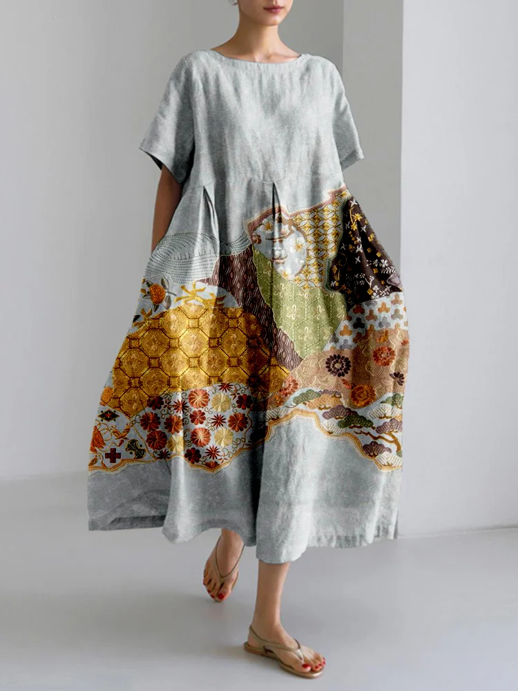 Comstylish Traditional Japanese Pattern Linen Blend Maxi Dress