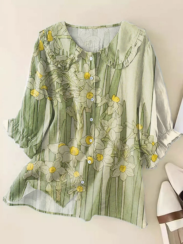 Women's  Fresh Floral Art Print Loose Top Peter Pan Collar Half Sleeve Blouses