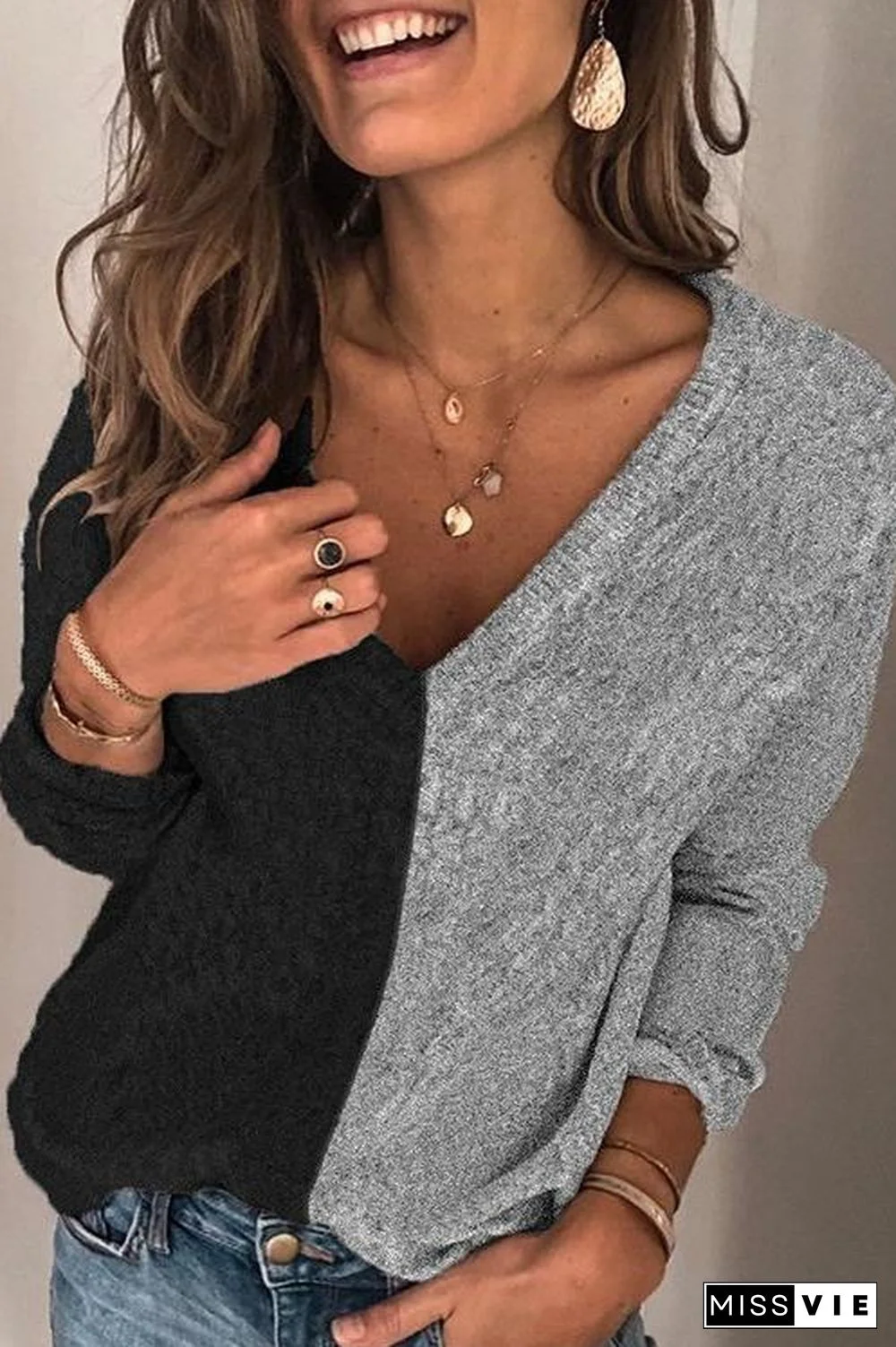 Splice V Neck Color Block Sweater