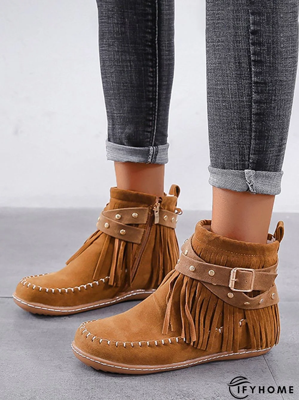 Vintage Fringe Studded Flat Round Toe Buckle Booties | IFYHOME