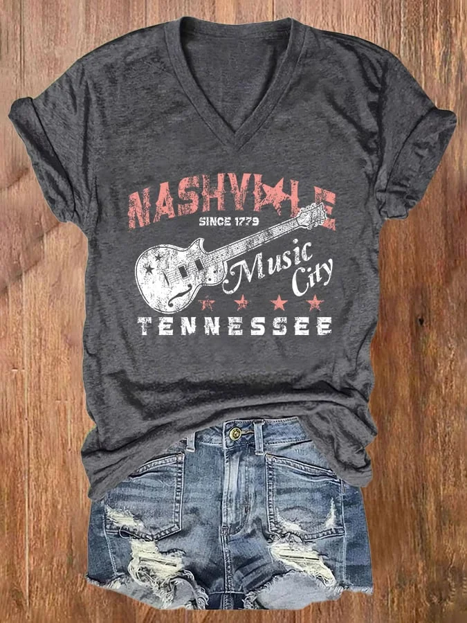 V-neck Retro Nashville City Guitar Tennessee Print T-Shirt socialshop