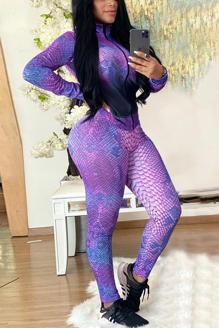 Sexy Zipper Tight-Fitting Hip Snake Print Two Pieces - BlackFridayBuys
