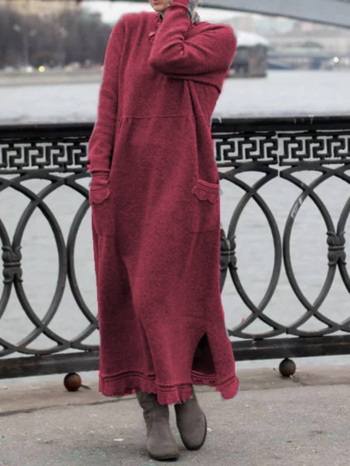 Women‘s Sweatshirt Dress Winter Dress Long Dress Maxi Dress Black Purple Army Green Light gray Dark Gray Red Long Sleeve Ruffle Pocket Winter Fall Turtleneck Stylish Casual Modern Fall Dress S M L XL-JRSEE