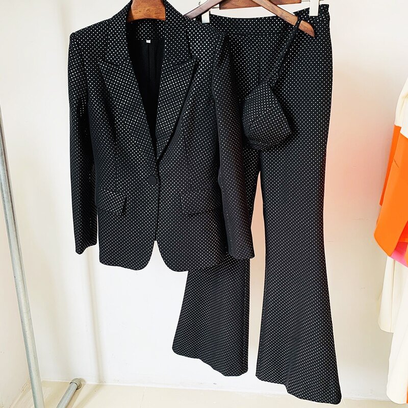 Fongt QUALITY New Fashion 2022 Designer Blazer Suit Set Women's Single Button Diamonds Beaded Camis Blazer Pants Suit 3pcs Set