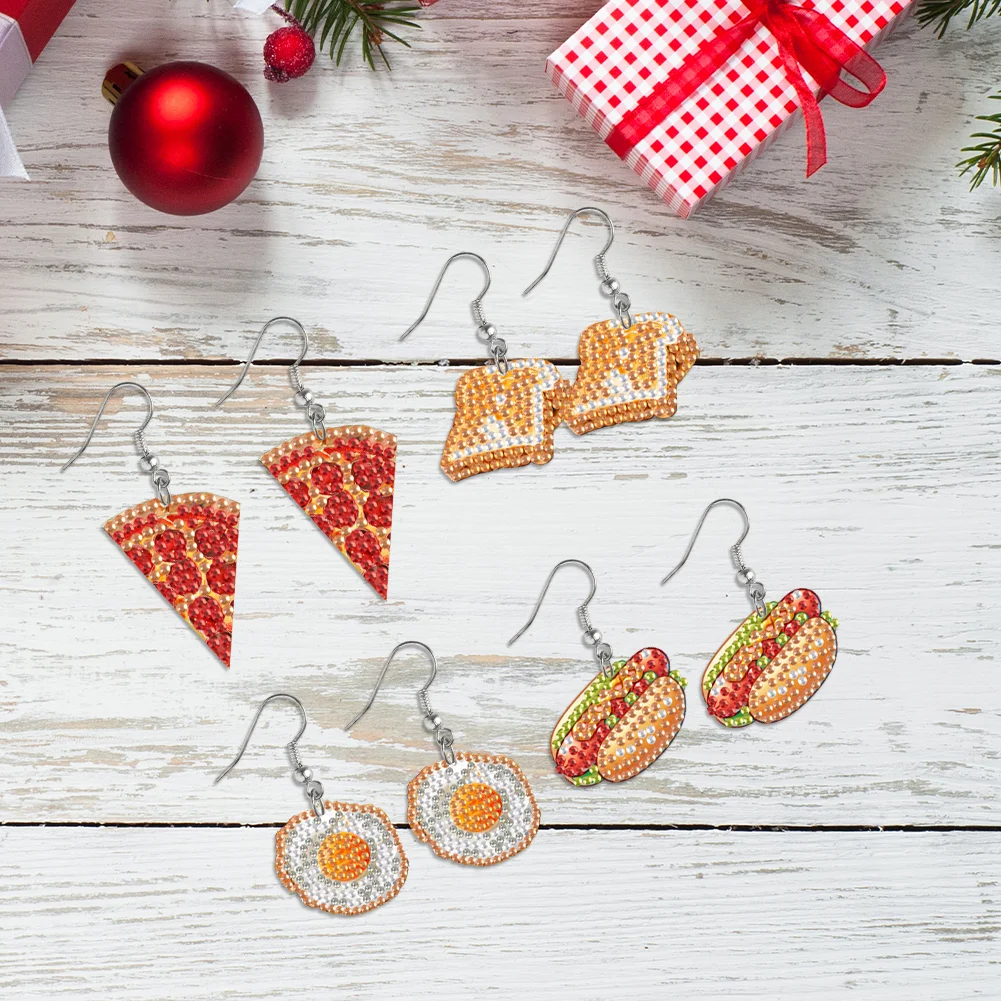 4 Pairs Food Double Sided Diamond Painting Earrings DIY Earrings Making Kit