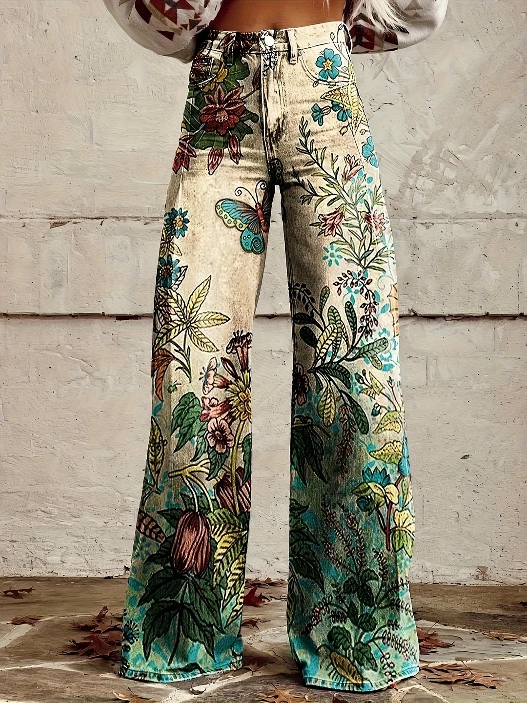 1 Pair Of Women's Denim High Waist Loose Flared Pants, Casual Retro Style, Creative Floral Print, Clothing Fabric, Regular Fit Style Suitable For Office Workers More, Suitable For Wearing | IFYHOME