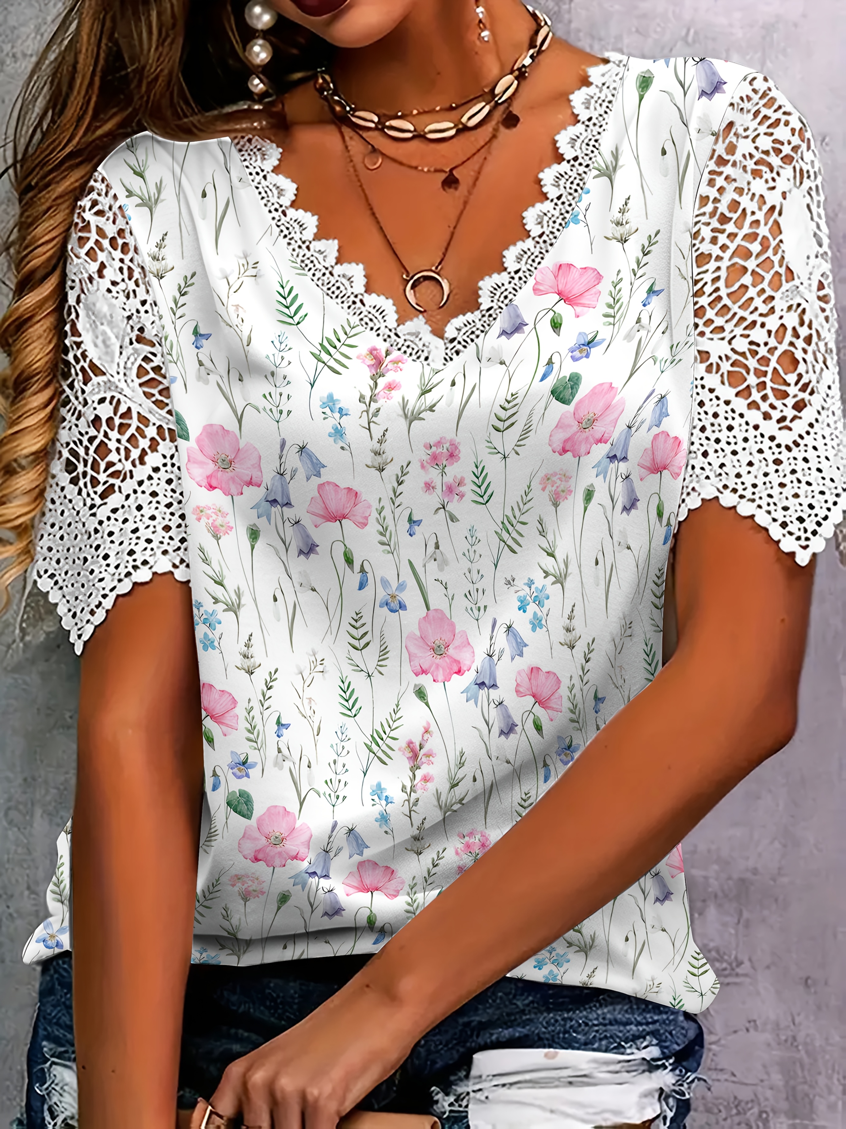 Women's Floral Print Lace Trim Elegant Summer Top - Breathable Short Sleeve Blouse With Pink Blue Flowers On White, Machine Washable Casual To Dressy Wear, Everyday Stylish Outfit, Delicate Fabric Detail | IFYHOME