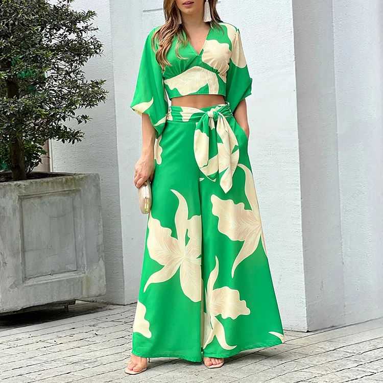 Vacation Style Printed V-Neck Lantern Sleeve Top and High Waist Pants Suits