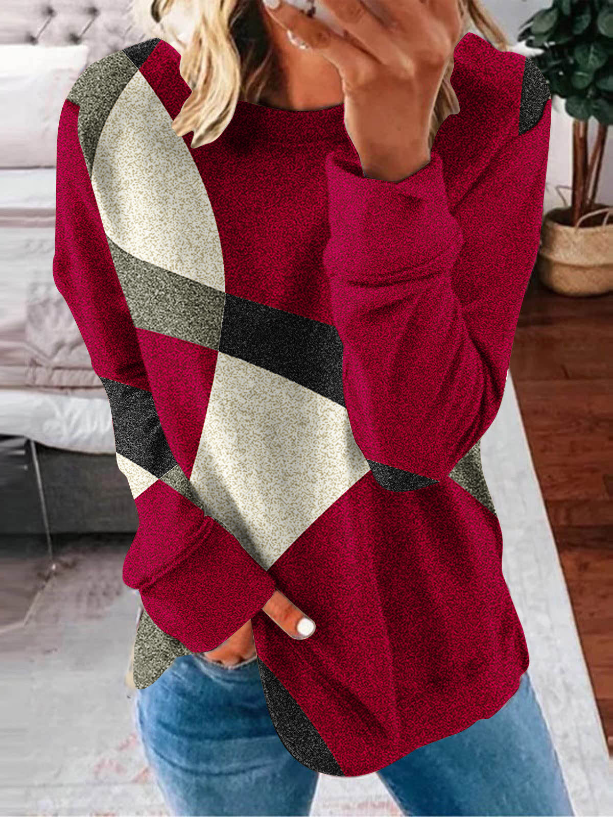 Women Long Sleeve V-neck Graphic Floral Printed Top