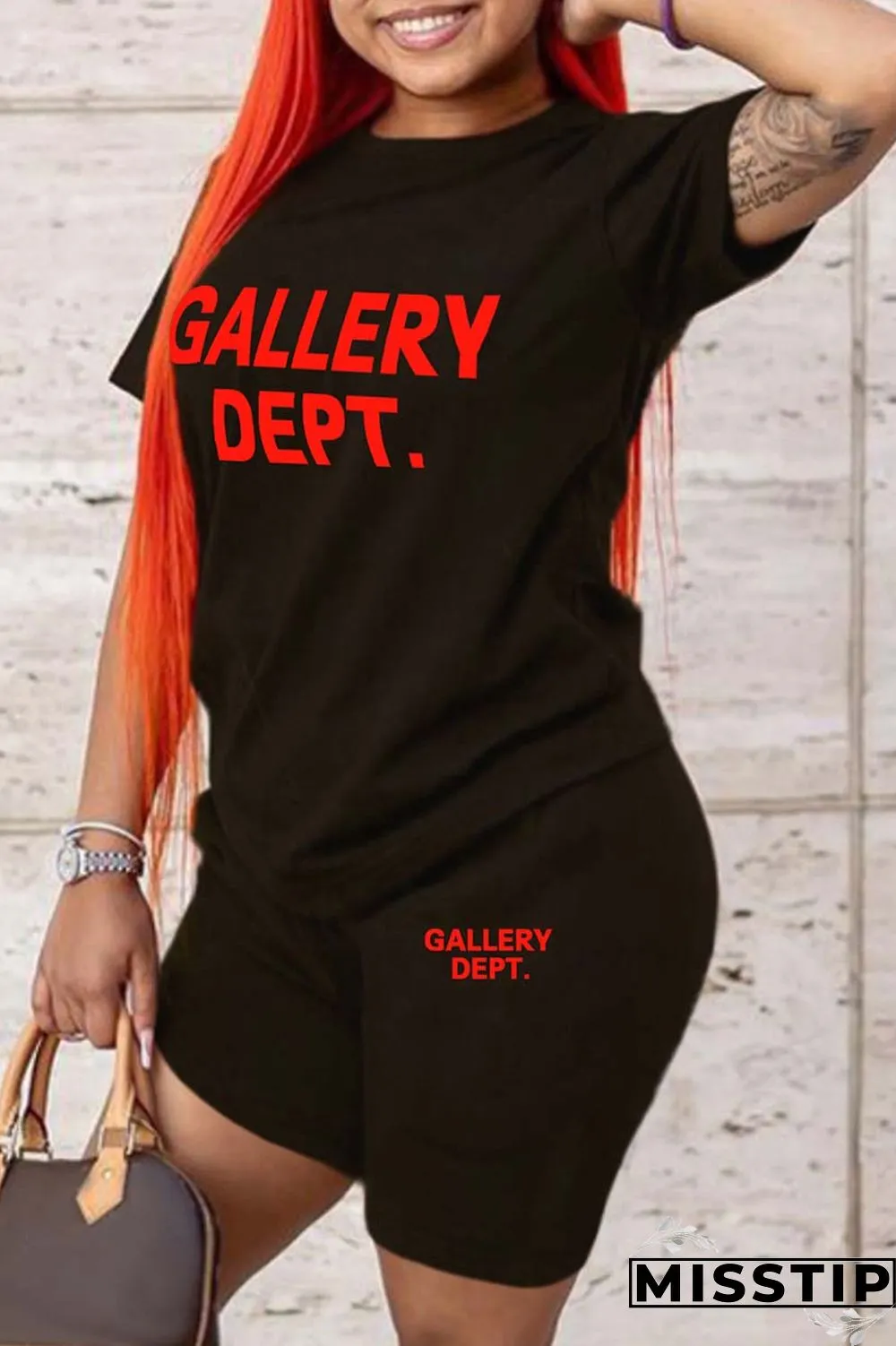 Green Casual Letter Print Basic O Neck Short Sleeve Two Pieces