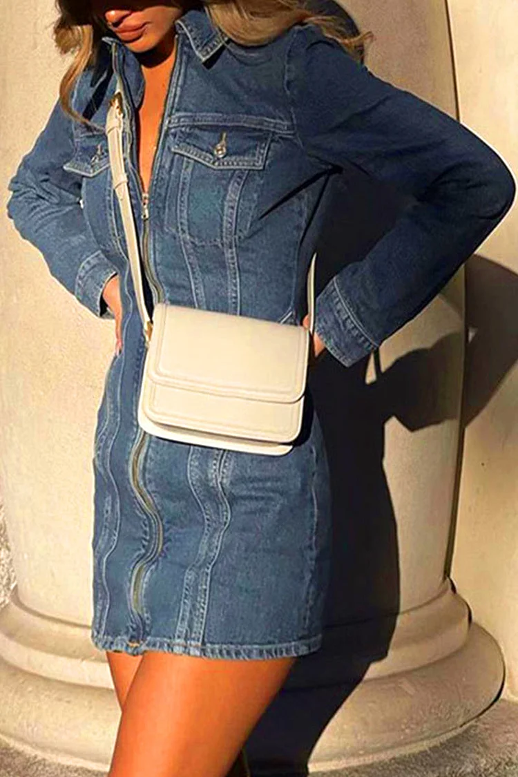 Casual Street Solid Zipper Turndown Collar Long Sleeve Regular Denim Dresses