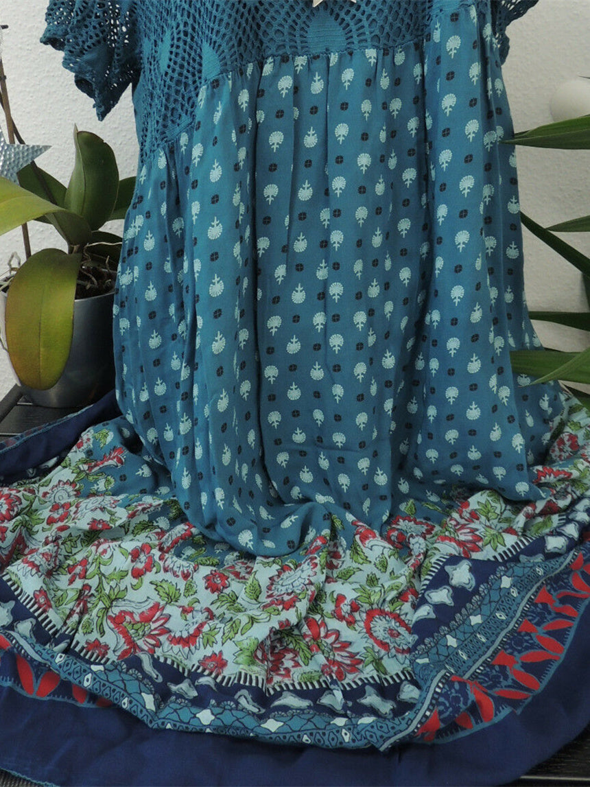 Women Short Sleeve Scoop Neck Floral Printed Lace Stitching Tops