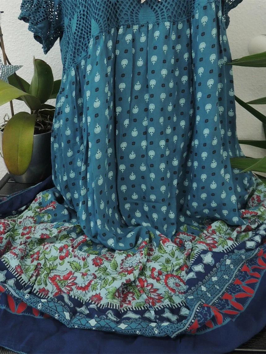 Women Short Sleeve Scoop Neck Floral Printed Lace Stitching Tops