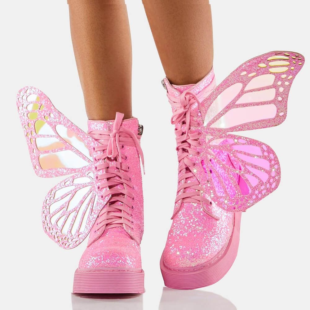 Pink Leather Booties Butterfly Wing Booties Platform Booties