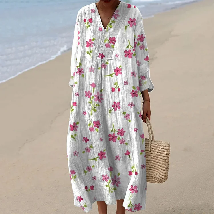 Simpfit Bequemes Maxikleid aus Nachahmung aus Nachahmung aus Baumwolle und Leinen im Vintage-Stil mit Blumenmuster