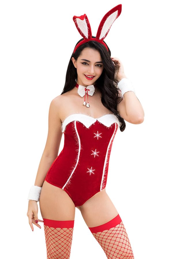 Sexy Strapless Bunny Costume Christmas Lingerie Red-elleschic
