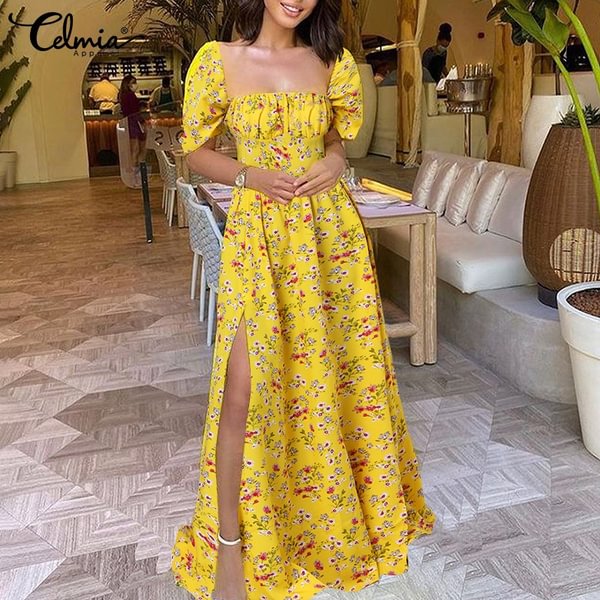 Summer Casual Elegant Long Dress Women Floral Print Puff Short Sleeve Split Hem Party Loose Maxi Sundress Plus Size - Shop Trendy Women's Clothing | LoverChic
