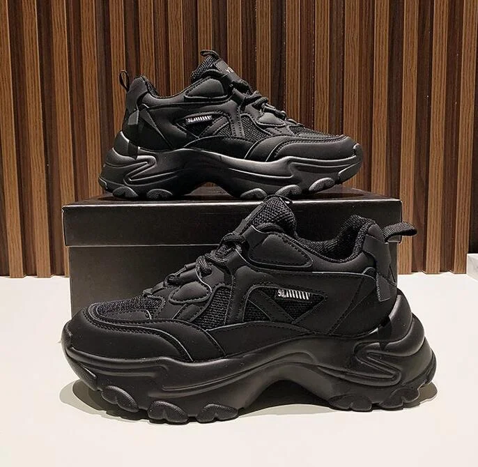 New Black Dad Chunky Sneakers Casual Vulcanized Shoes Woman High Platform Sneakers Lace Up White Sneakers Women 2022
