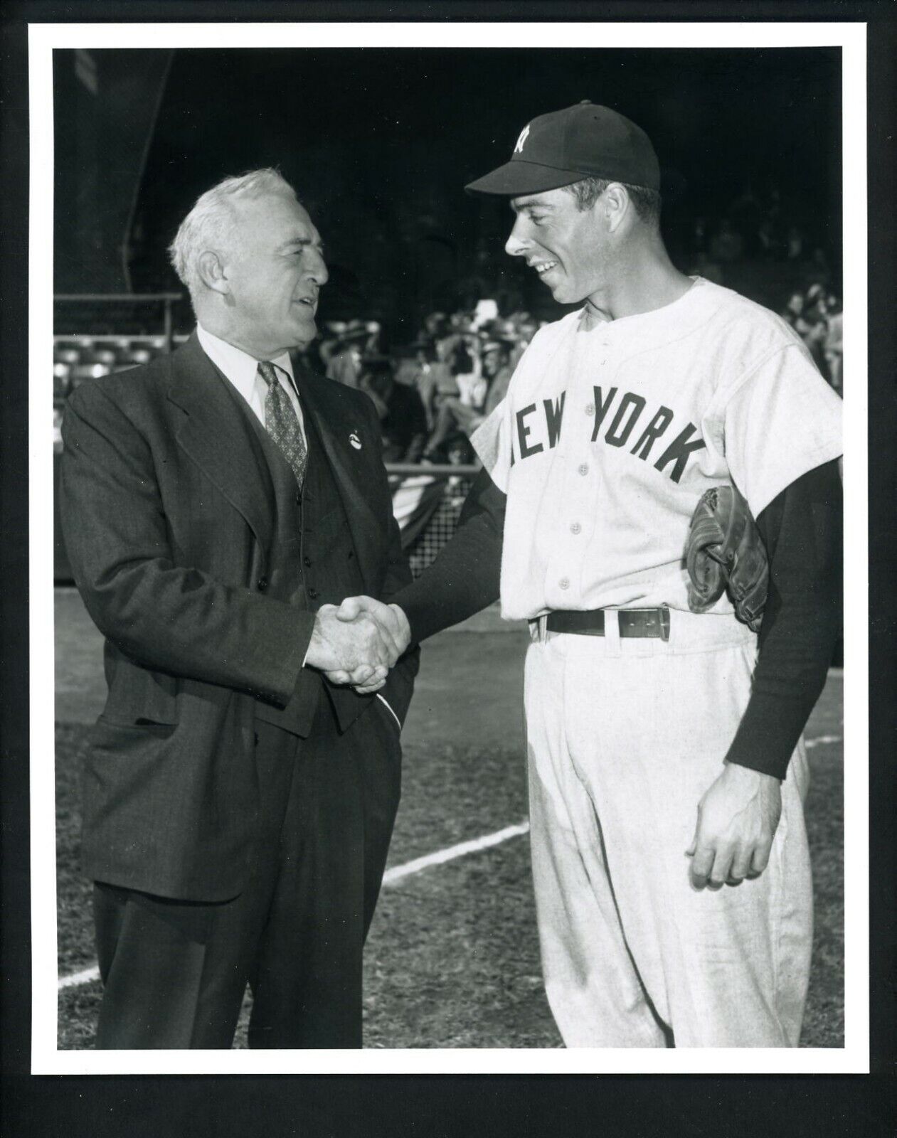 Joe DiMaggio greets unknown politician 1940's Type IV Press Photo Poster painting Yankees