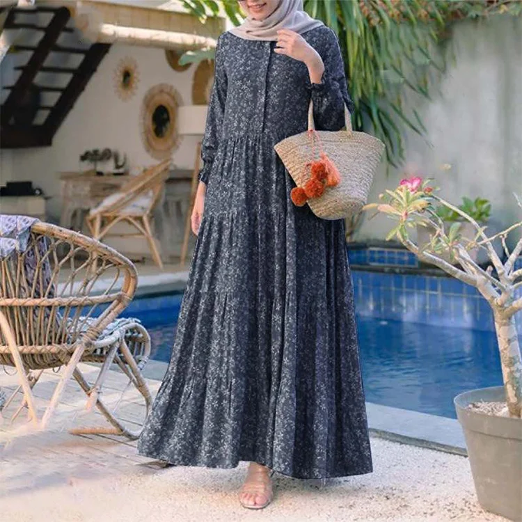 Floral Print Ruffle Long Sleeve Casual Muslim Dress for Women