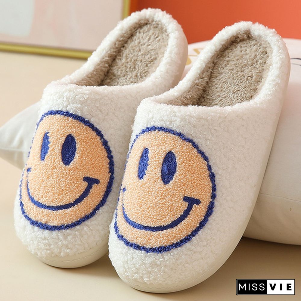Winter House Girls Fur Slippers Cute Smiley Pattern Women Fluffy Warm Bedroom Ladies