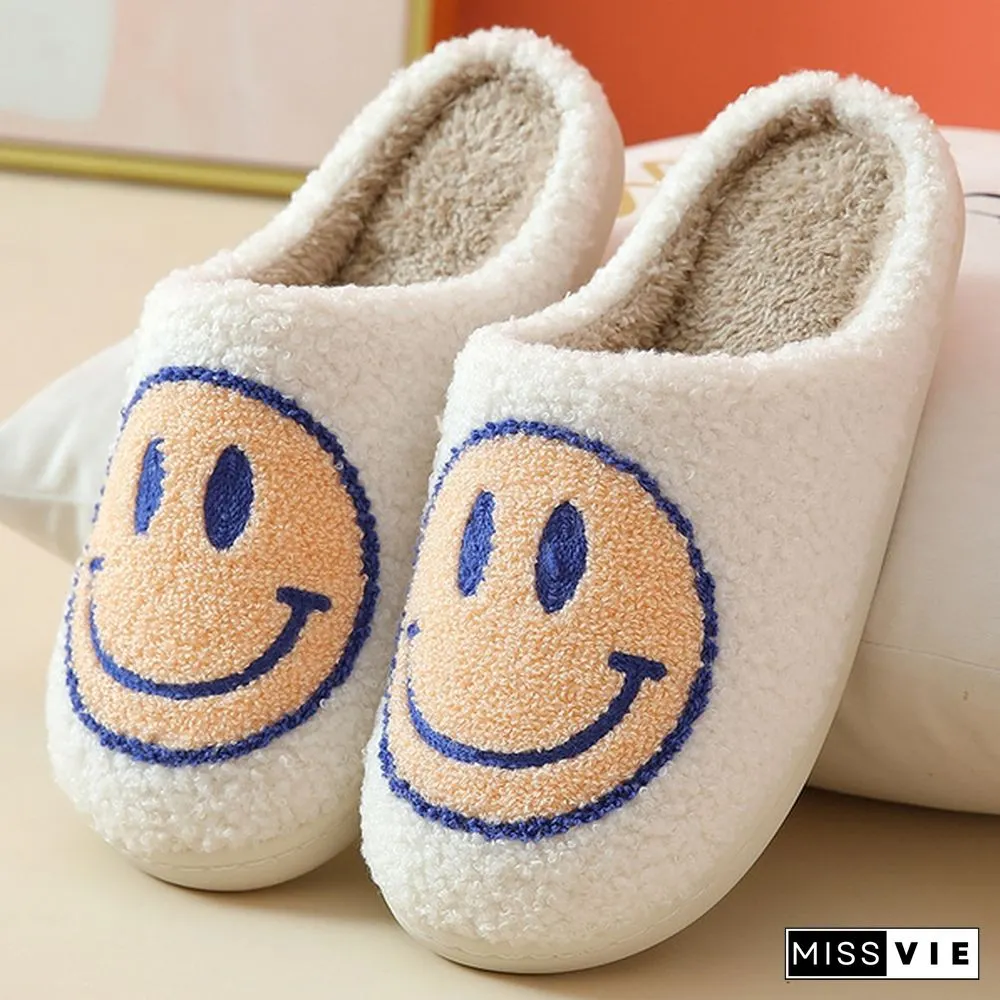 Winter House Girls Fur Slippers Cute Smiley Pattern Women Fluffy Warm Bedroom Ladies