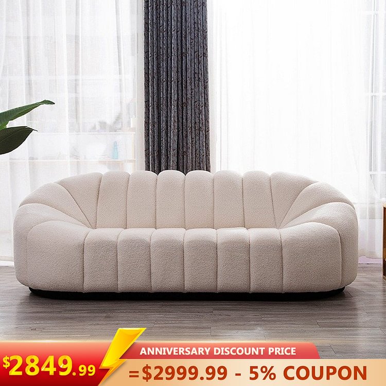 Homemys Modern Oval Boucle White Upholstered 3-Seater Sofa