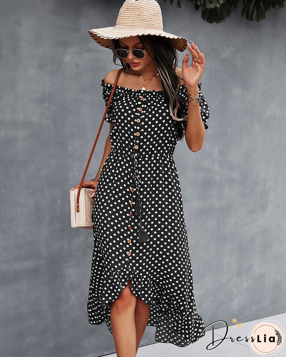 Off Shoulder Polka Dot Button Down Maxi Dress