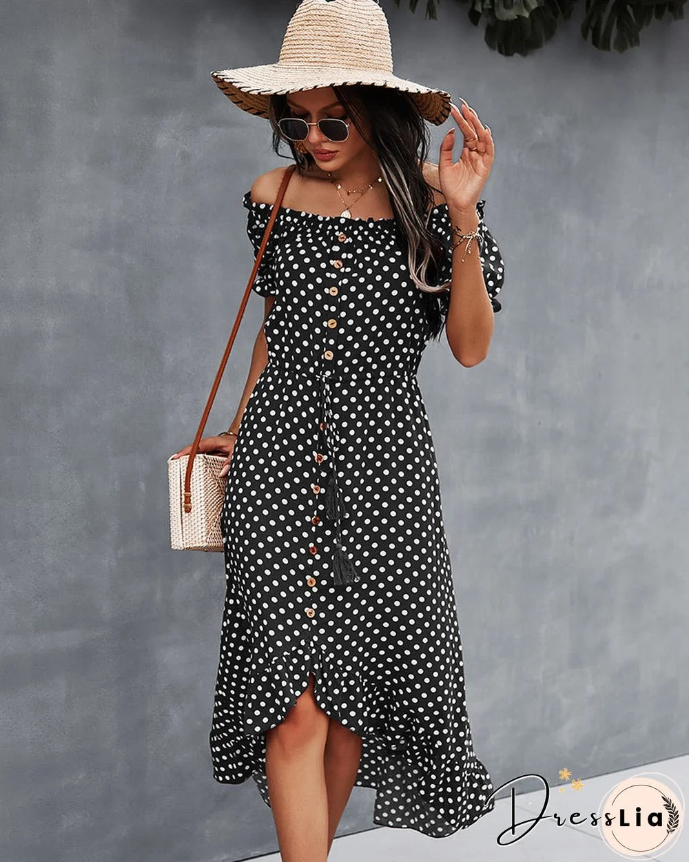Off Shoulder Polka Dot Button Down Maxi Dress