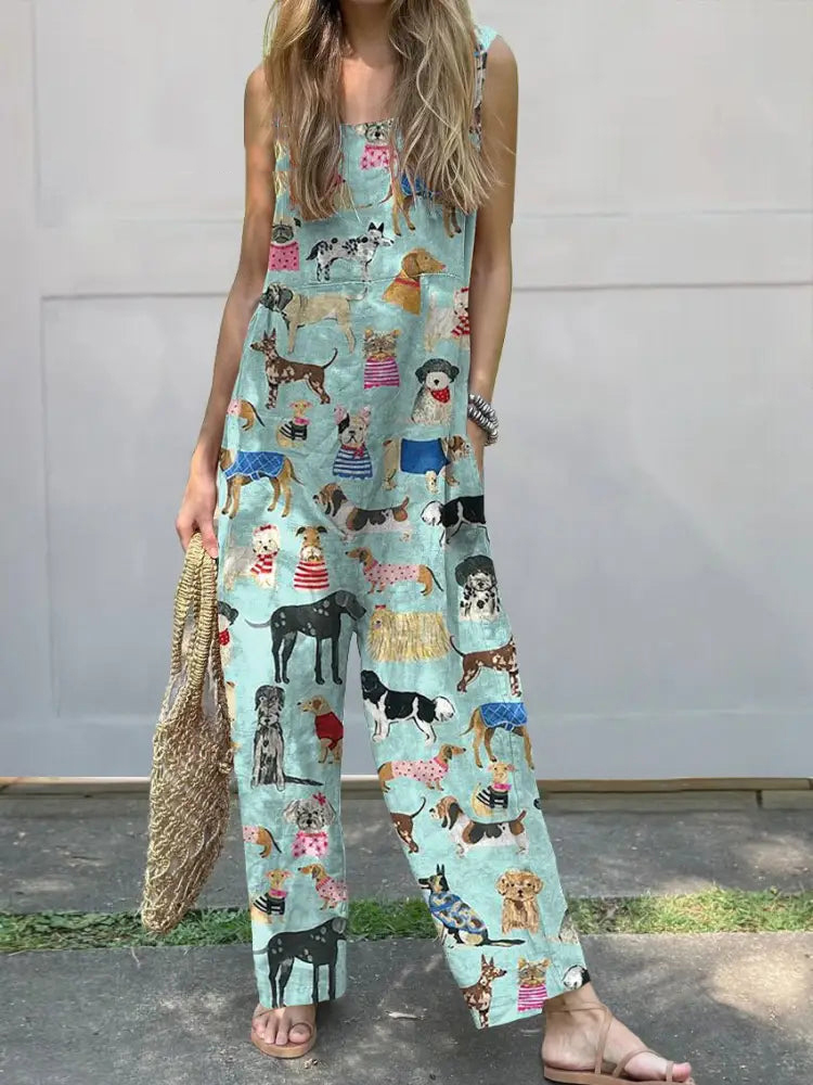 Lovely Puppy Dogs Pattern Printed Women's Casual 100% Cotton Wide Leg Jumpsuit