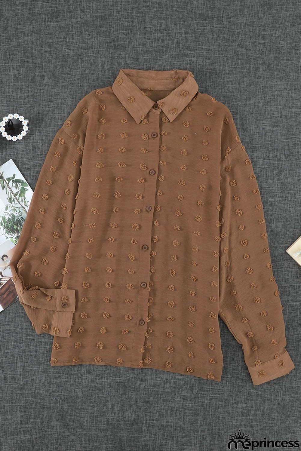 Brown Long Sleeve Button Fuzzy Polka Dot Shirt