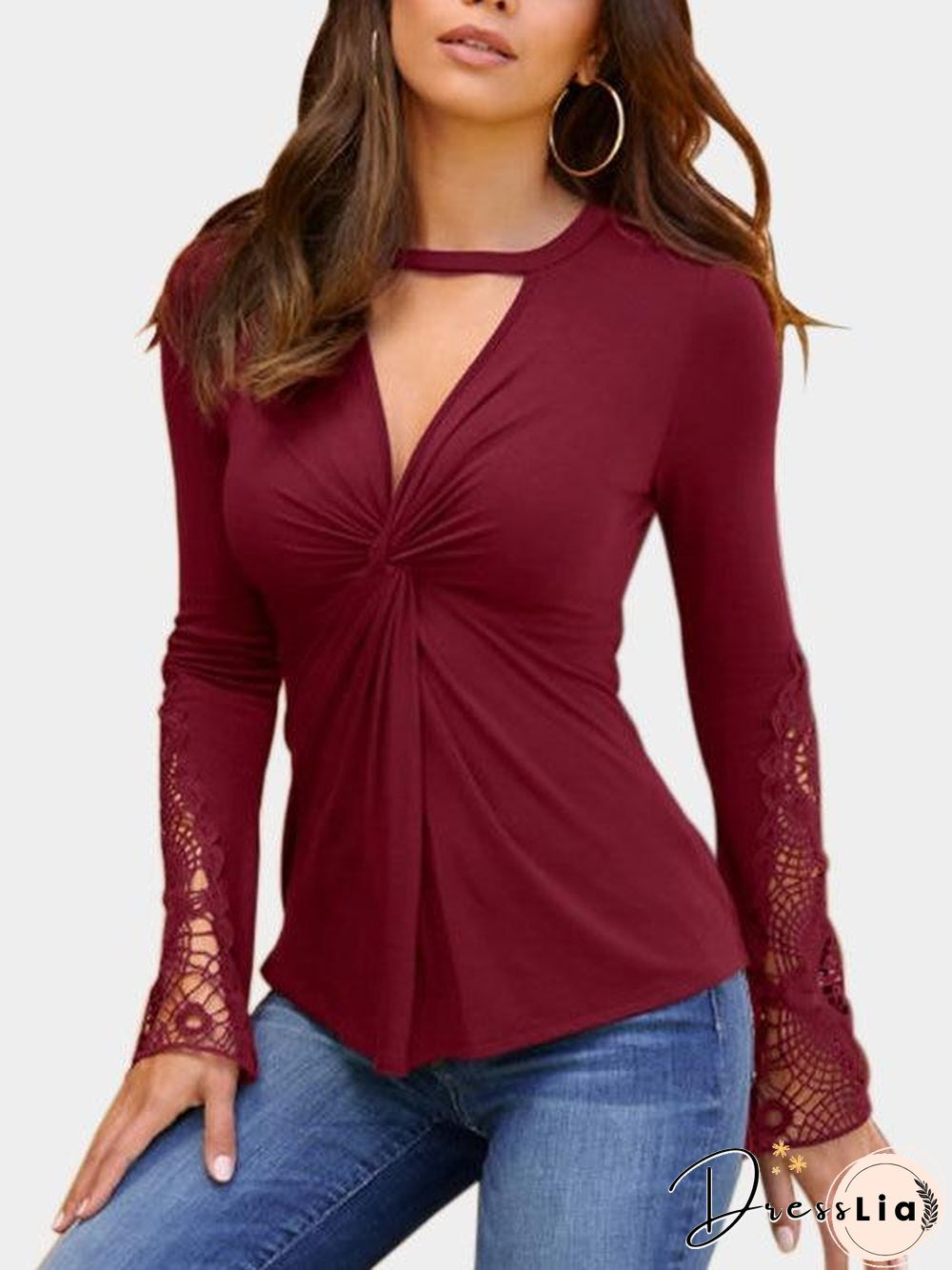 Black Lace Detail Twist Knot Design V-Neck Long Sleeves Blouse