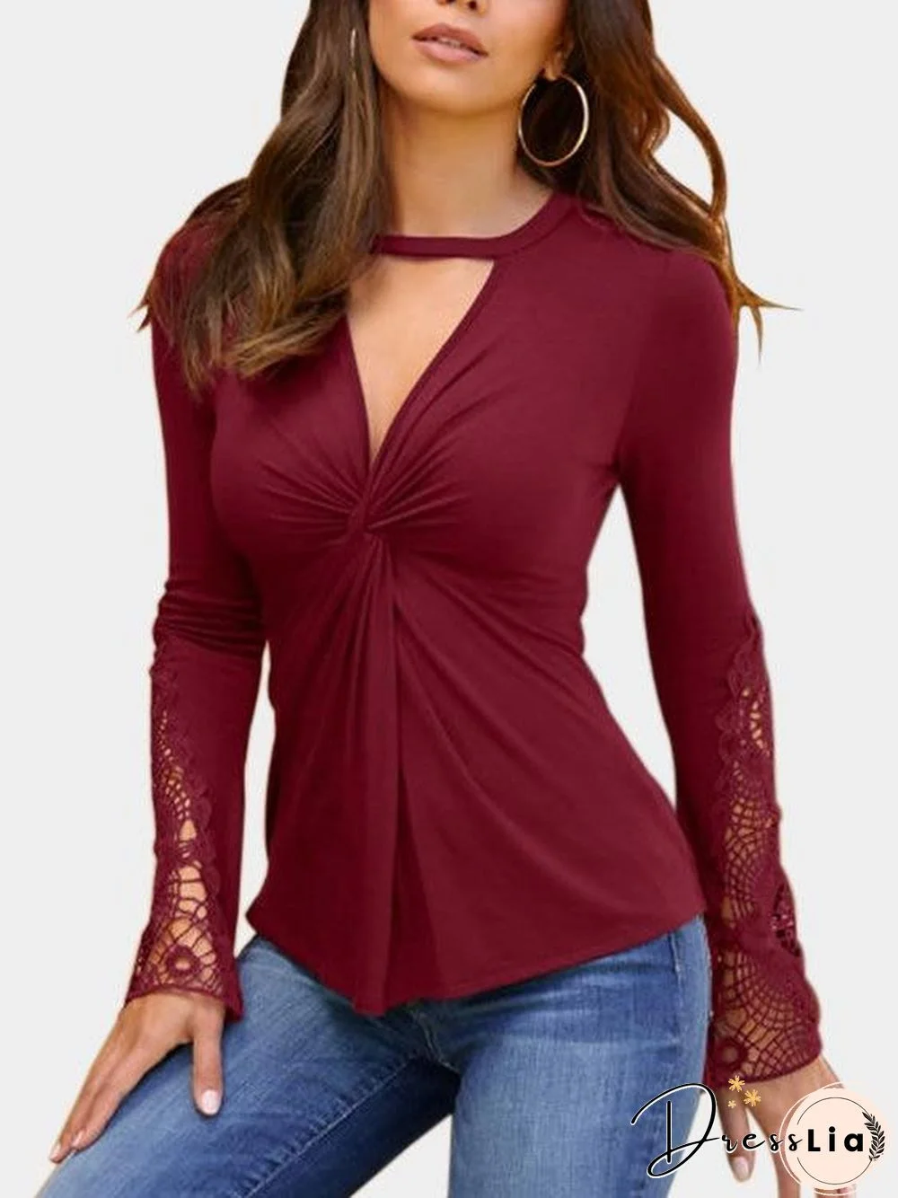 Black Lace Detail Twist Knot Design V-Neck Long Sleeves Blouse