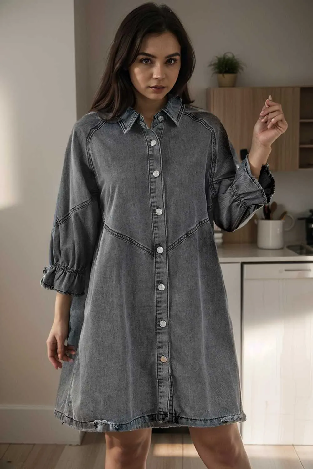 chic gray denim mini dress with button detail