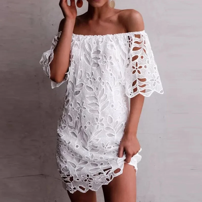 ZANZEA Fashion Summer Lace Crochet Dress Women Off Shoulder Short Sleeve Party White Sundress Sexy Boat Neck Hollow Out Vestido
