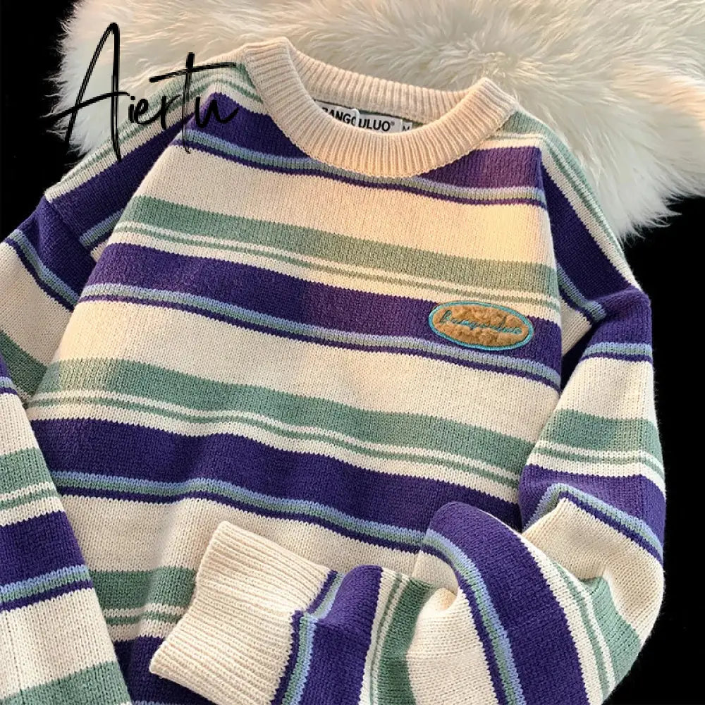Retro Women Sweaters Winter Streetwear New Warm Knitted Tops Harajuku Hip Hop Loose Stripes Pullovers Couple Sweater Women Aiertu